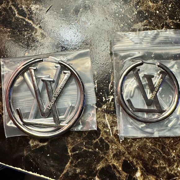 Jewelry - Silver - LARGE Faux LV Louis Vuitton Louise Hoop Earrings